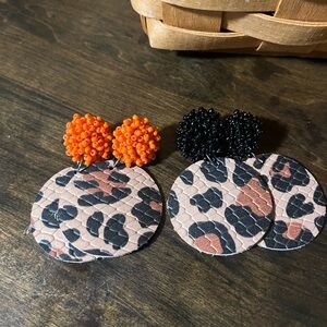 Leopard Print Handmade Leather Cut Earrings with Seed-Bead Toppers